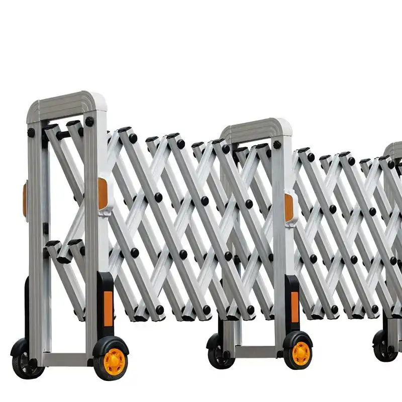 Aluminum alloy retractable pedestrian traffic barrier with visible safety markers, suitable for low-light traffic management and security checkpoints.
