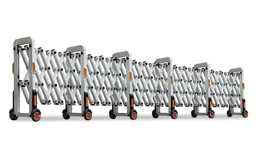 Portable retractable pedestrian traffic accordion safety barriers made of aluminum, ideal for securing construction sites and event entrances.