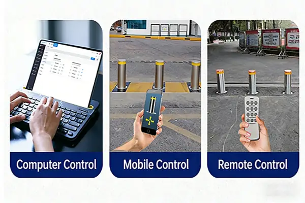Zhanjiang Group intelligent control methods for automatic bollards, featuring mobile app, remote control, and centralized computer management.