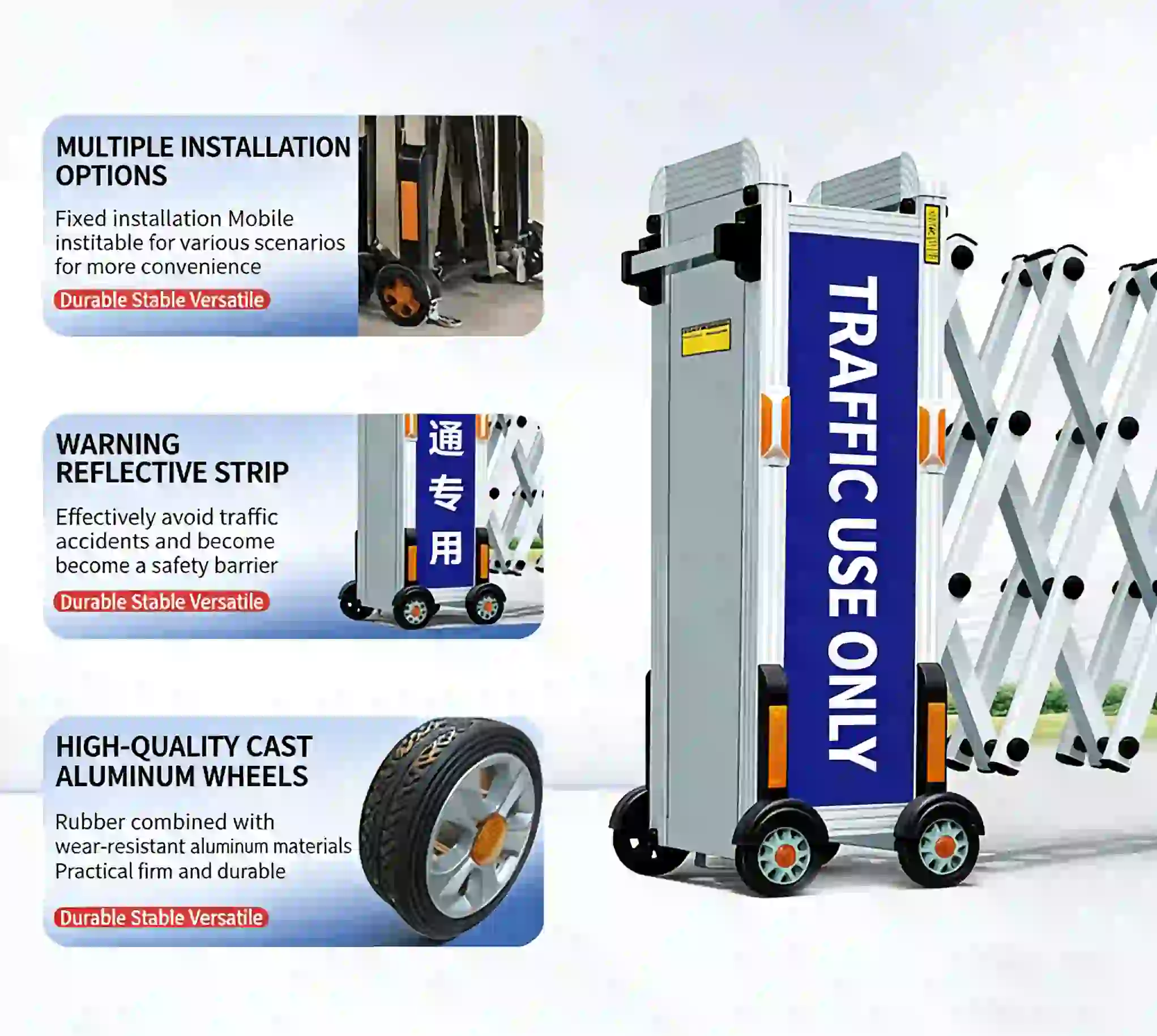 A portable telescopic barrier used at a road construction site to cordoned off a hazardous area