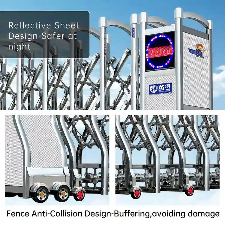Reflective sheet design: Enhances night visibility for safer use Smart display panel: Equipped with glowing "Welcome" prompt for user-friendliness Fence anti-collision structure: Buffers impact to avoid operational damage Premium stainless steel build: Sleek, durable for various entrance scenarios