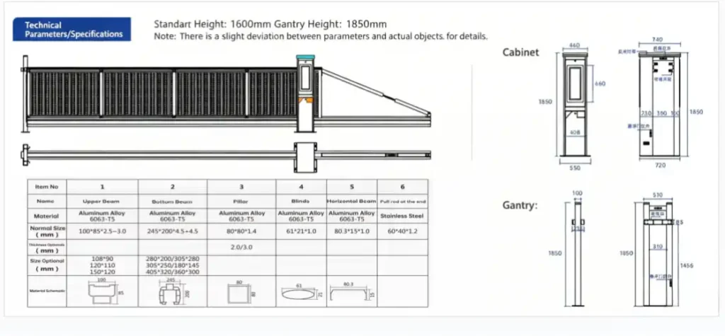 Cantilever sliding gate technical drawing with dimensions