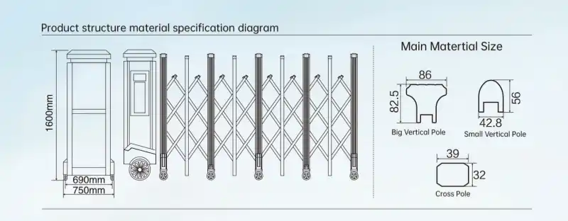 ZJ-522 Aluminum Alloy Retractable Outdoor Gate Structure Drawing, Material Size Diagram