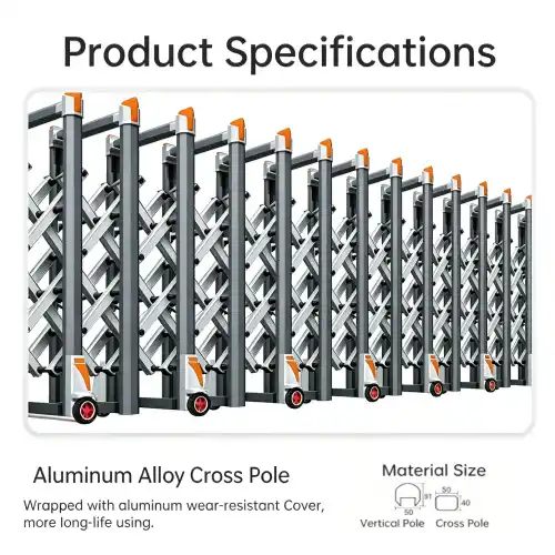 Product specifications of aluminum alloy scissor gate rows for automatic retractable gate, thick vertical pole 80*50mm, aluminum cross pole 50*40mm, stable telescopic folding structure