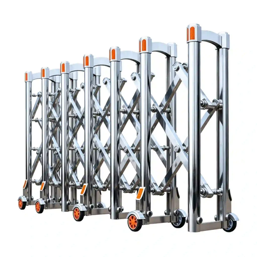 Stainless steel telescopic road security barrier, magnified close-up of anti-collision reflective caster wheel, flexible movable wheel for factory parking lot retractable road block