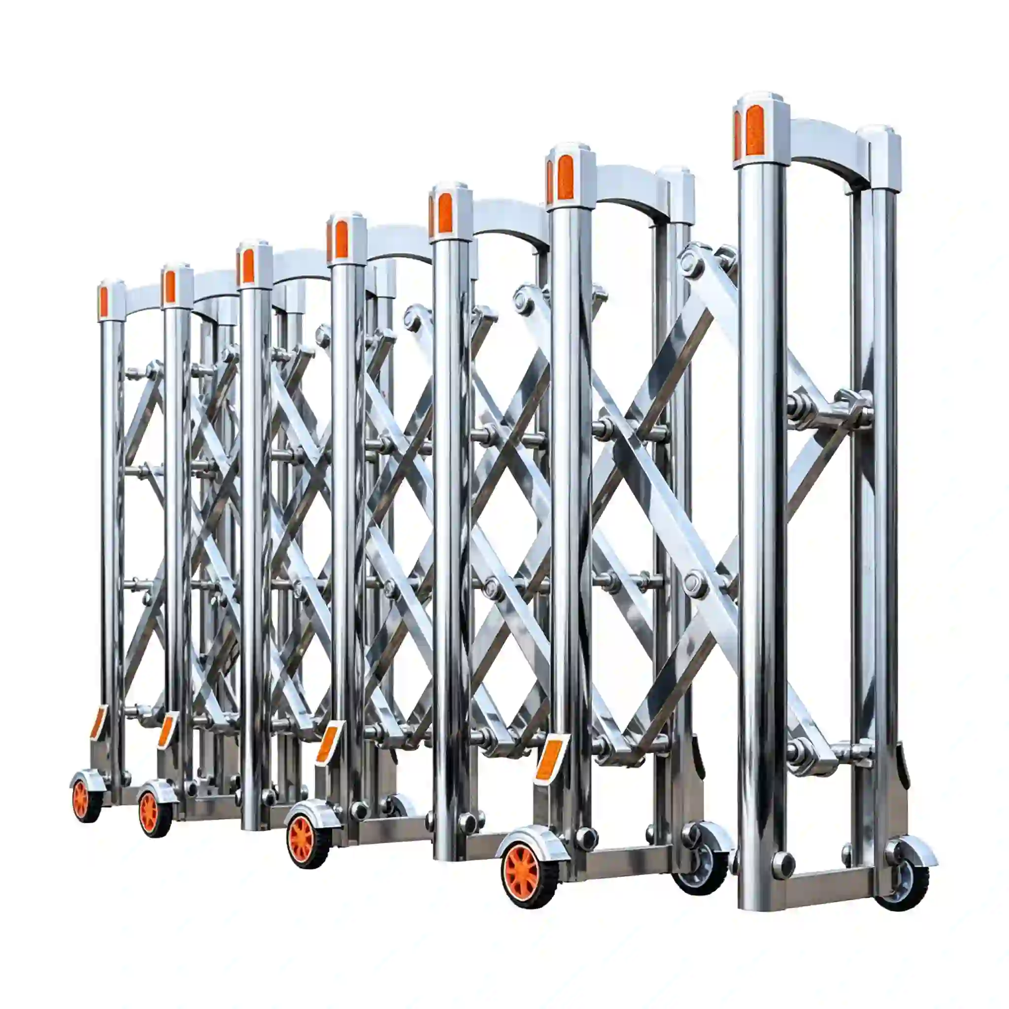 Stainless steel telescopic road security barrier, magnified close-up of anti-collision reflective caster wheel, flexible movable wheel for factory parking lot retractable road block