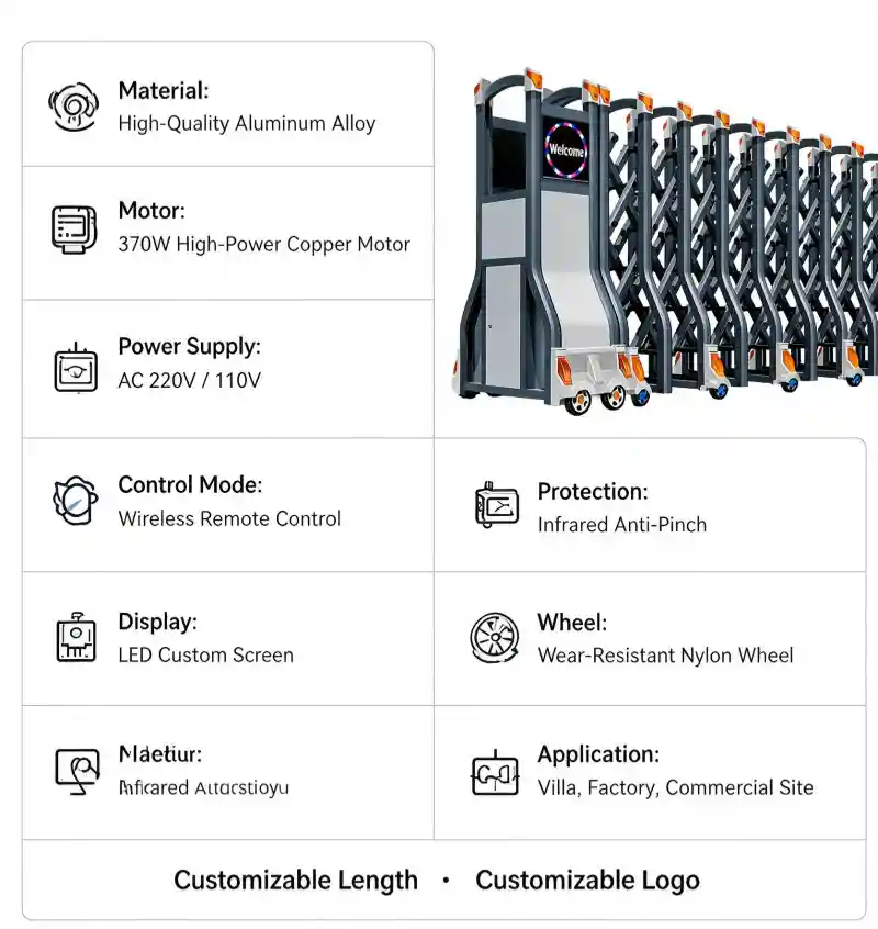 ZJ535 electric telescopic retractable gate specification chart, aluminum profile thickness, motor power, customizable gate size parameter diagram