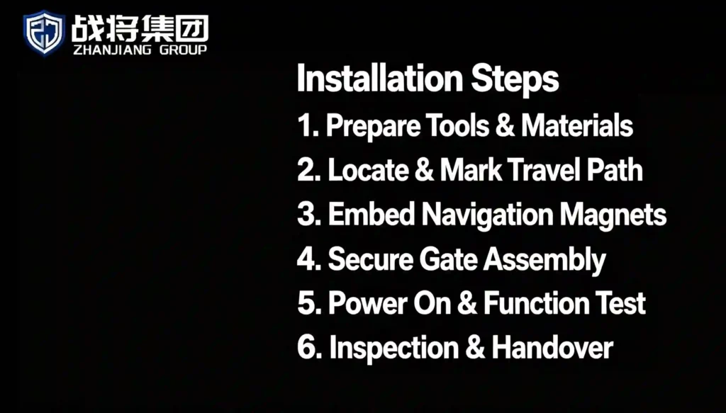 Zhanjiang Group trackless retractable gate full installation tools set, impact drill, sledge hammer, 14# wrench, cordless drill, ink marker, measuring tape, permanent pens, cement for magnetic navigation gate construction