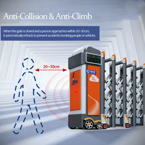 Orange grey automatic retractable gate with infrared anti-collision sensor, pedestrian obstacle detection safety function for electric telescopic gate