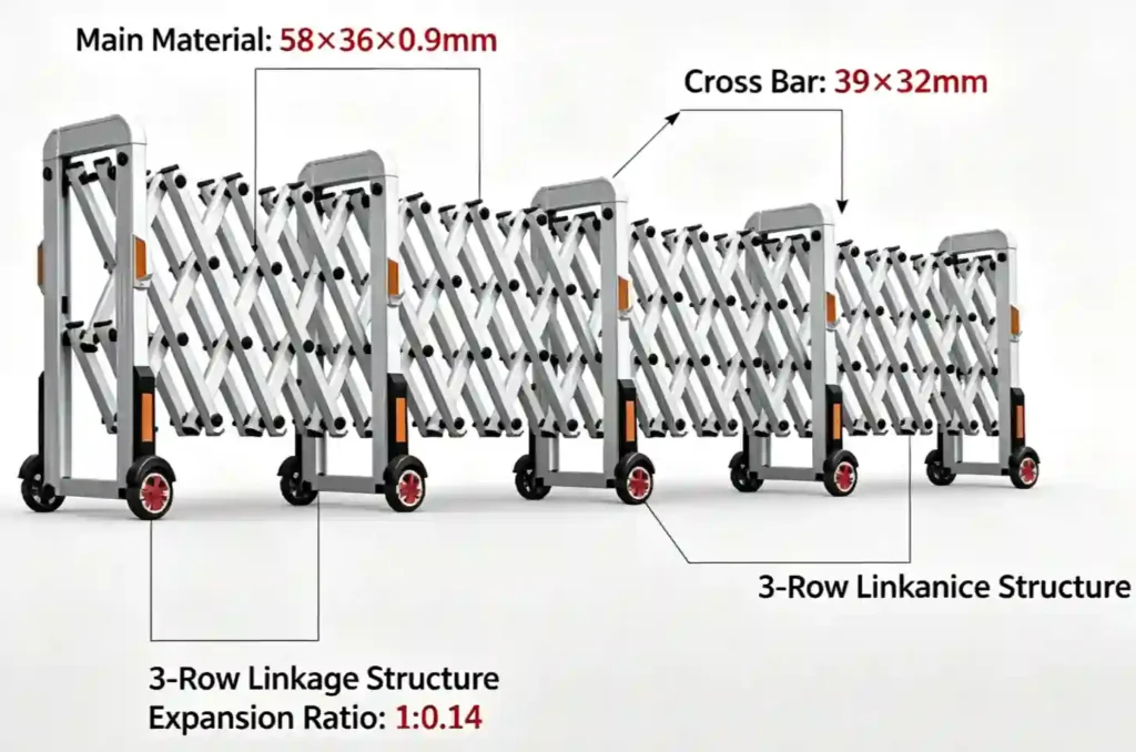 Retractable accordion road barrier 3-row linkage, 58*36 main frame, expansion ratio 1:0.14