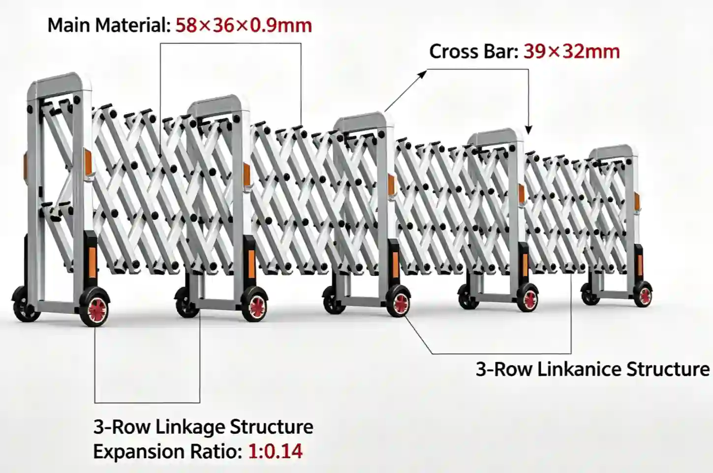 Retractable accordion road barrier 3-row linkage, 58*36 main frame, expansion ratio 1:0.14