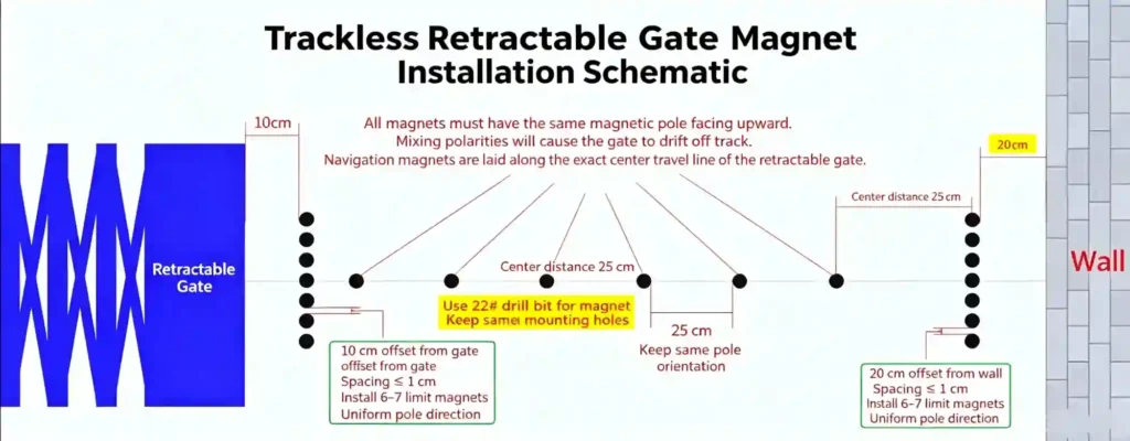 Trackless retractable gate magnetic navigation magnet installation schematic drawing, navigation and limit magnet layout size guide, uniform pole installation standard to avoid gate deviation, 22# drill bit requirement