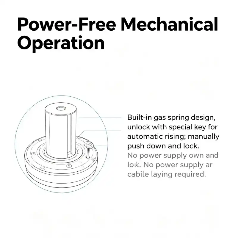 Gas spring mechanical drive system of semi-automatic bollard, no power required access control barrier