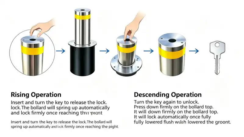 Semi-automatic rising bollard operation steps, unlock by special key, auto rise, manually push down to lock, security traffic bollard working diagram