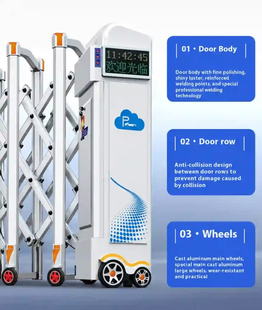 ZJ2003Y retractable gate showing the gate body, folding structure and wheels