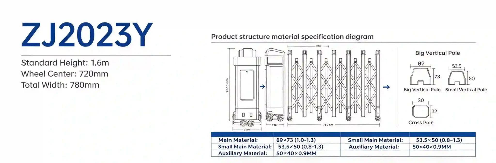 ZJ2023Y telescopic sliding gate material drawing, big vertical pole 89*73(1.0-1.3), small vertical pole 53.5*50(0.8-1.3), cross pole 50*40*0.9mm, stretch ratio 1:0.2+0.5