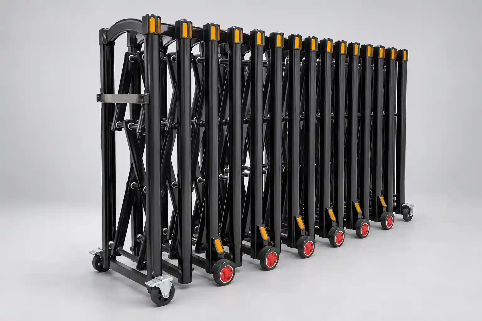 Accordion road barrier showroom sample, manual retractable security fence with casters