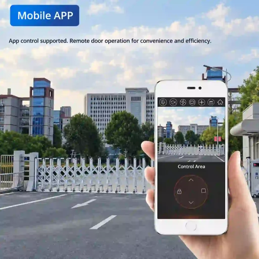Smartphone app controlling a ZJ2003Y retractable gate at a campus entrance
